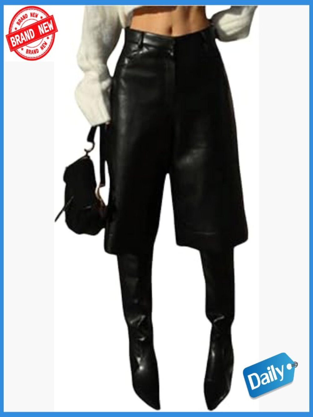 Faux Leather Wide Leg Shorts Loose Knee Length Black Zipper